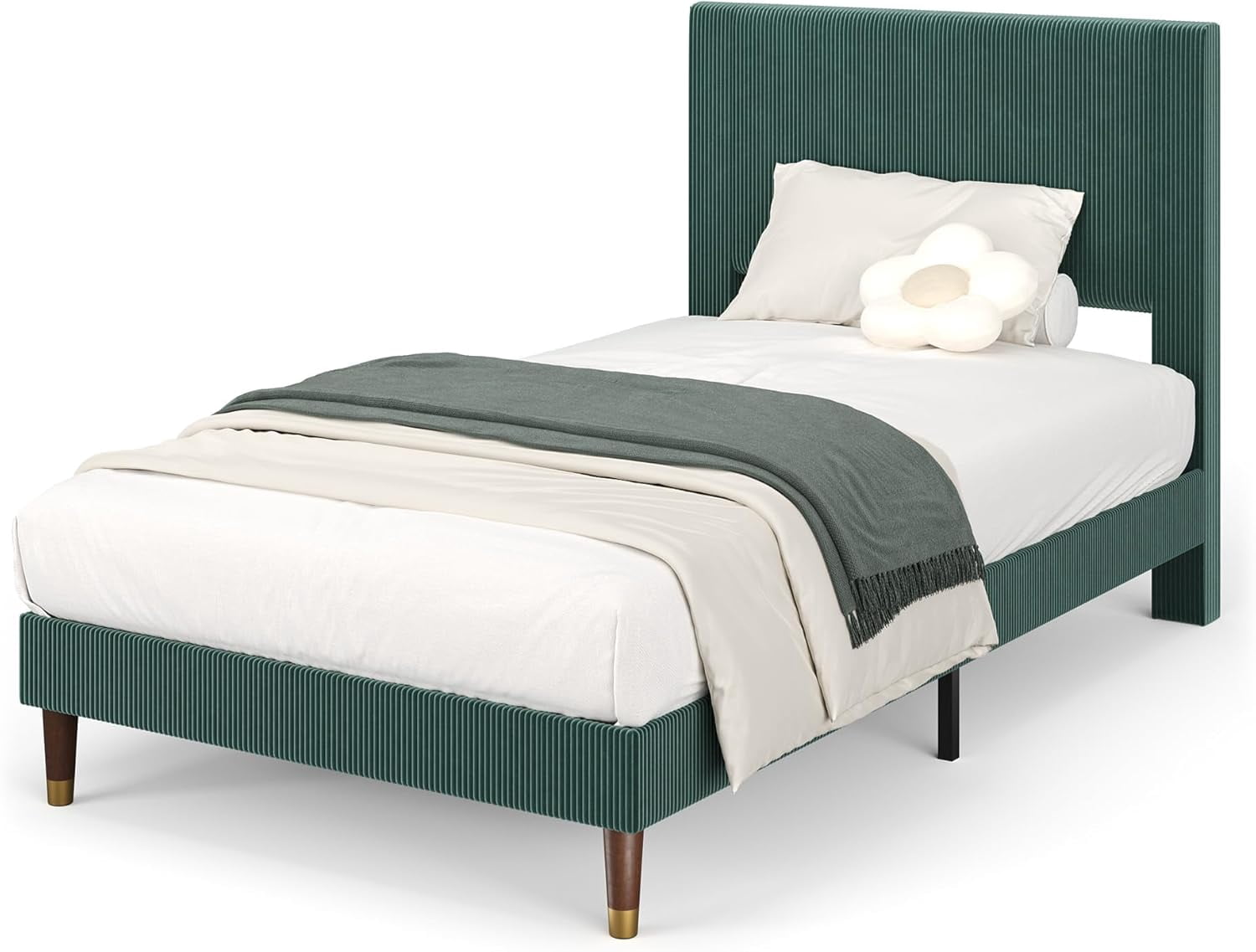Twin Bed Frame with Headboard, Corduroy Upholstered Platform Bed with Wooden Slats Support - No Box Spring Needed & Noise Free, Easy Assembly, for Bedroom Apartment, Green