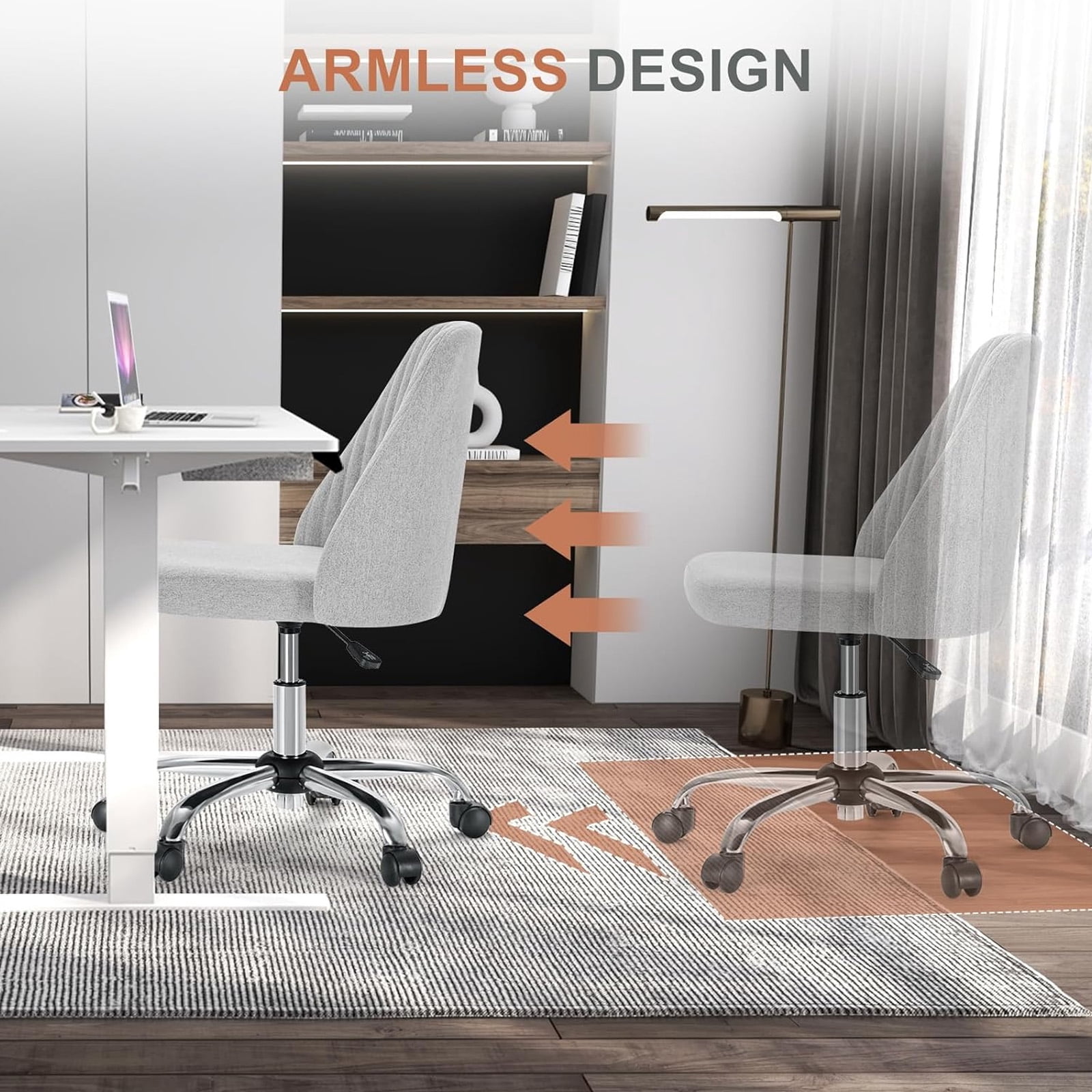 Casabay Armless Office Chair, Extra Cushion Padded Compact Upholstered Desk Chair with Back Support, Rolling Swivel Vanity Chair for Home Office, Gray