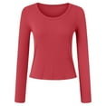 thumbnail image 4 of felwors Women's Long Sleeve Stretch Ribbed Crewneck T-Shirt - Fitted Casual Basic Top for Business & Daily Wear Red, M, 4 of 6