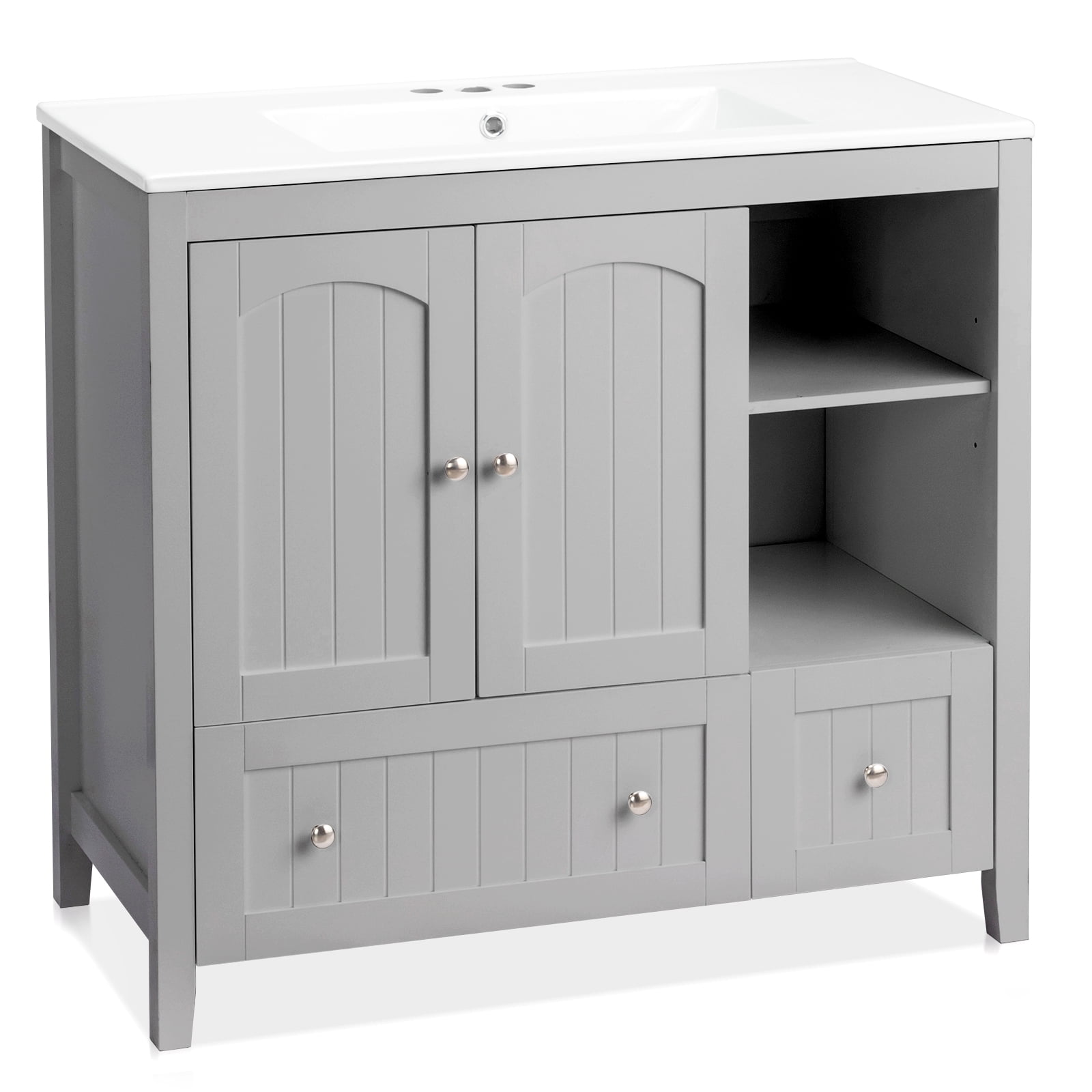 Without Basin Grey MDF spray paint double door double drawer with decorative strips bathroom cabinet 91*46*82cm