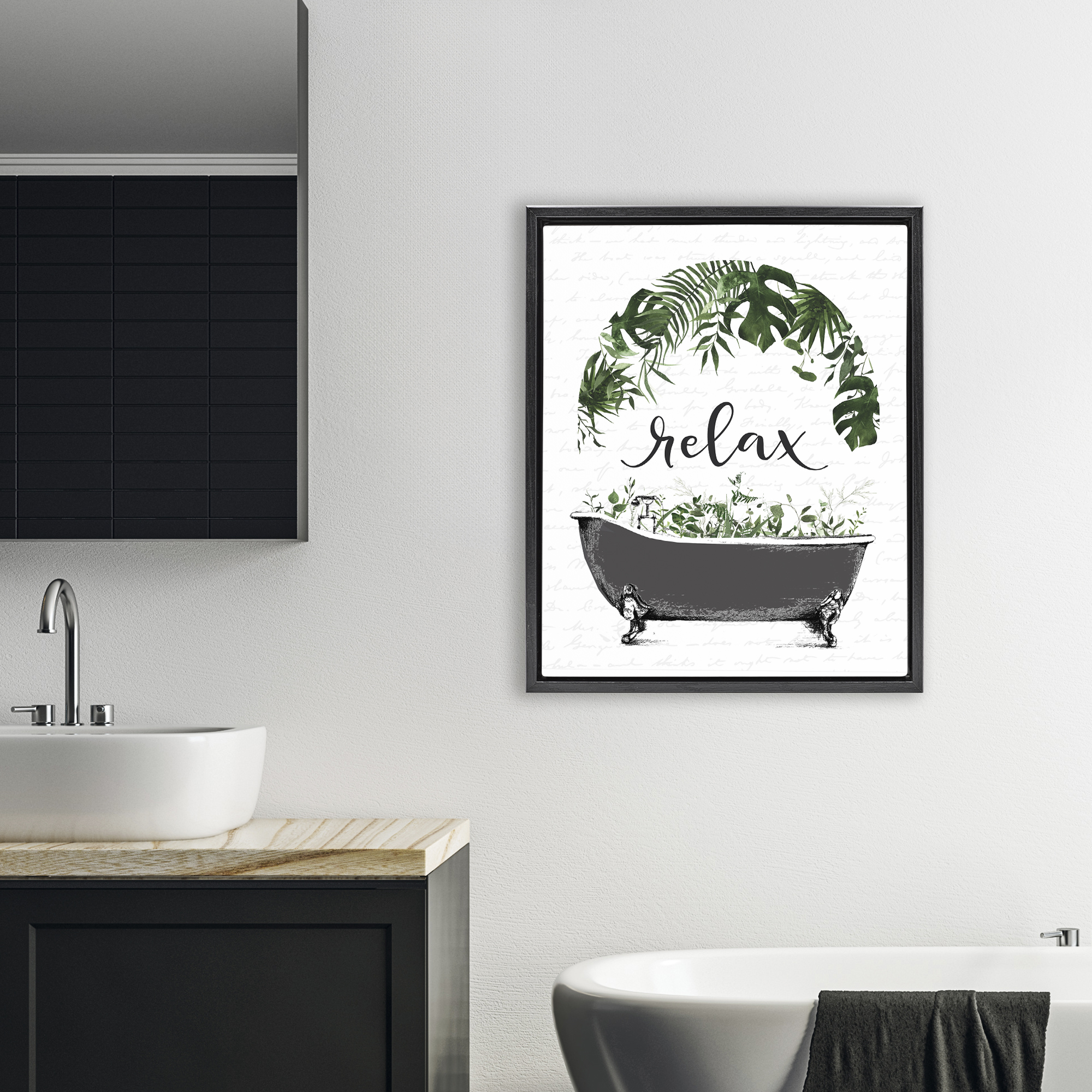 Tropical Bath Relax Black Framed Floater Canvas Wall Art, design by Lettered and Lined