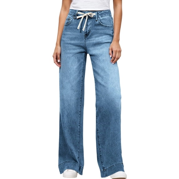 Bibifish Womens Jeans Dark Blue Drawstring Waist Wide Leg Denim Pants Side Pocket Soft Oversized Fit Casual Daily Outings Streetwear Trendy Jeans
