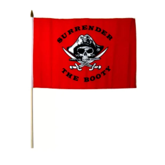 12X18 12"X18" Jolly Roger Pirate Surrender Booty Red Stick Flag Wood Staff