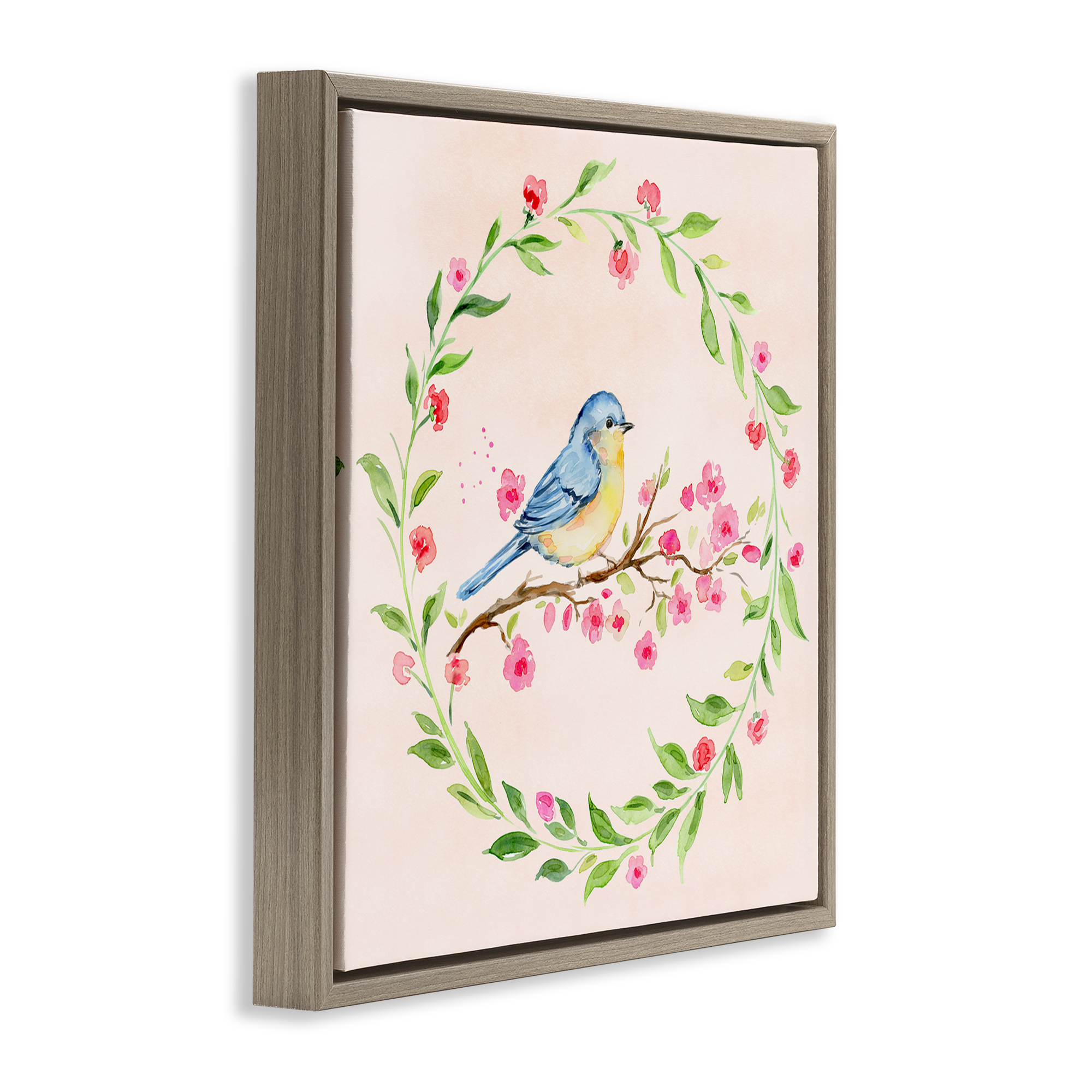 Spring Bird Wreath Perch Brown Framed Floater Canvas Wall Art, design by Elena Fay
