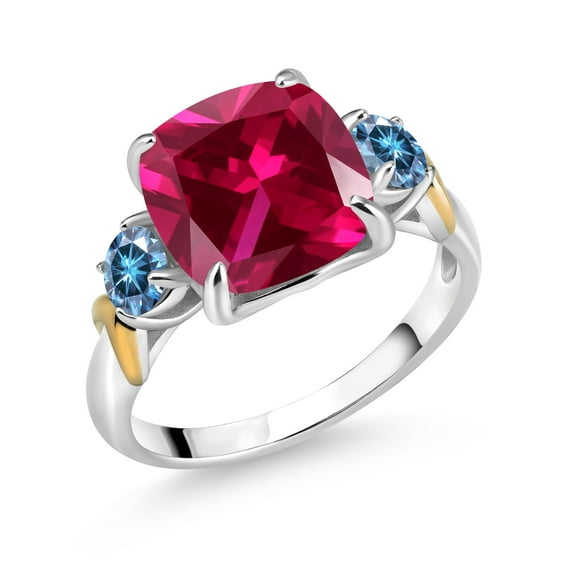 Gem Stone King 925 Silver and 10K Yellow Gold Red Created Ruby and Persian Blue Moissanite 3 Stone Ring for Women (5.46 Cttw, Gemstone July Birthstone, Cushion 10MM, Round 4MM, Size 8)
