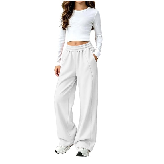 Jalioing Wide Leg Sweatpants for Kids Fall Winter Thick Warm Lounge Trousers Elastic Waist Casual Athletic Pants 5-15 Years