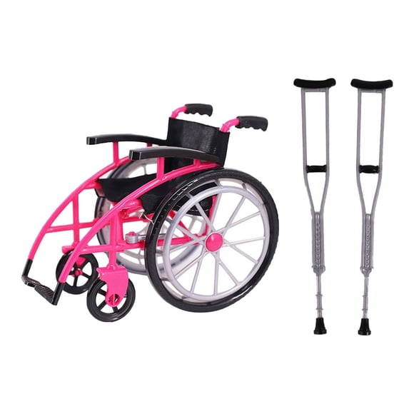 Modelo de silla de ruedas con muletas,Casa de muñecas de juego de simulación con muletas y modelo de silla de ruedas,Juguetes de simulación de silla de ruedas de recuperación Rosa