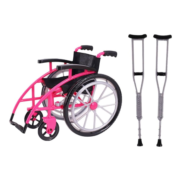 Modelo de silla de ruedas con muletas,Casa de muñecas de juego de simulación con muletas y modelo de silla de ruedas,Juguetes de simulación de silla de ruedas de recuperación Rosa