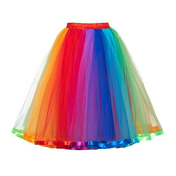 Colorful Rainbow Dance Skirt Elastic Waistband High Waist Midi Tutu Skirt Mid-calf Length Sweet Style Dance Skirt