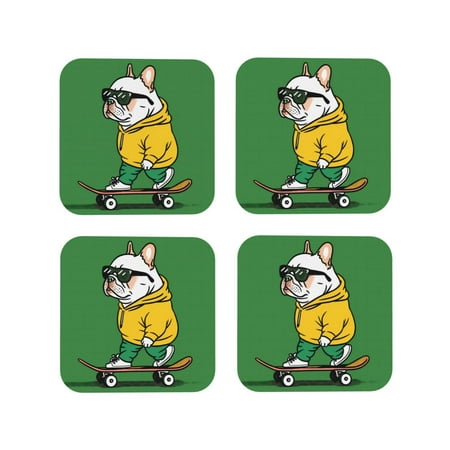 

Tideii Cool Skateboarding Bulldog for Leather Coasters 4 Pieces Anti-fouling and Anti-scalding Decorative Coasters Suitable for Restaurants Kitchens Coffee Shops-Square