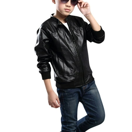 

Toddler Kids Little Boys Long Sleeve Leather Zipper Jacket Spring Autumn Lightweight PU Coat For Boys