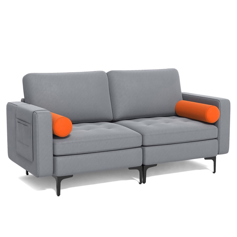 Finihen Loveseat Sofa, Modern Loveseat Sofa with 2 Bolsters and Side Storage Pocket, for Living Room, Bedroom, Gray