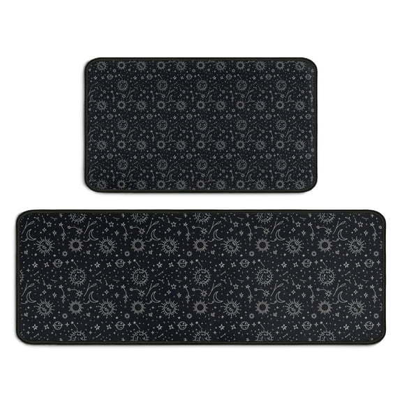 Black Celestial Symbol Pattern Kitchen Rugs Sets Of 2,Anti Fatigue Kitchen Mat Rugs Non Slip Washable,Decorative Kitchen Floor Mats for Kitchen,Sink,Laundry,17"X30" 17"X47"