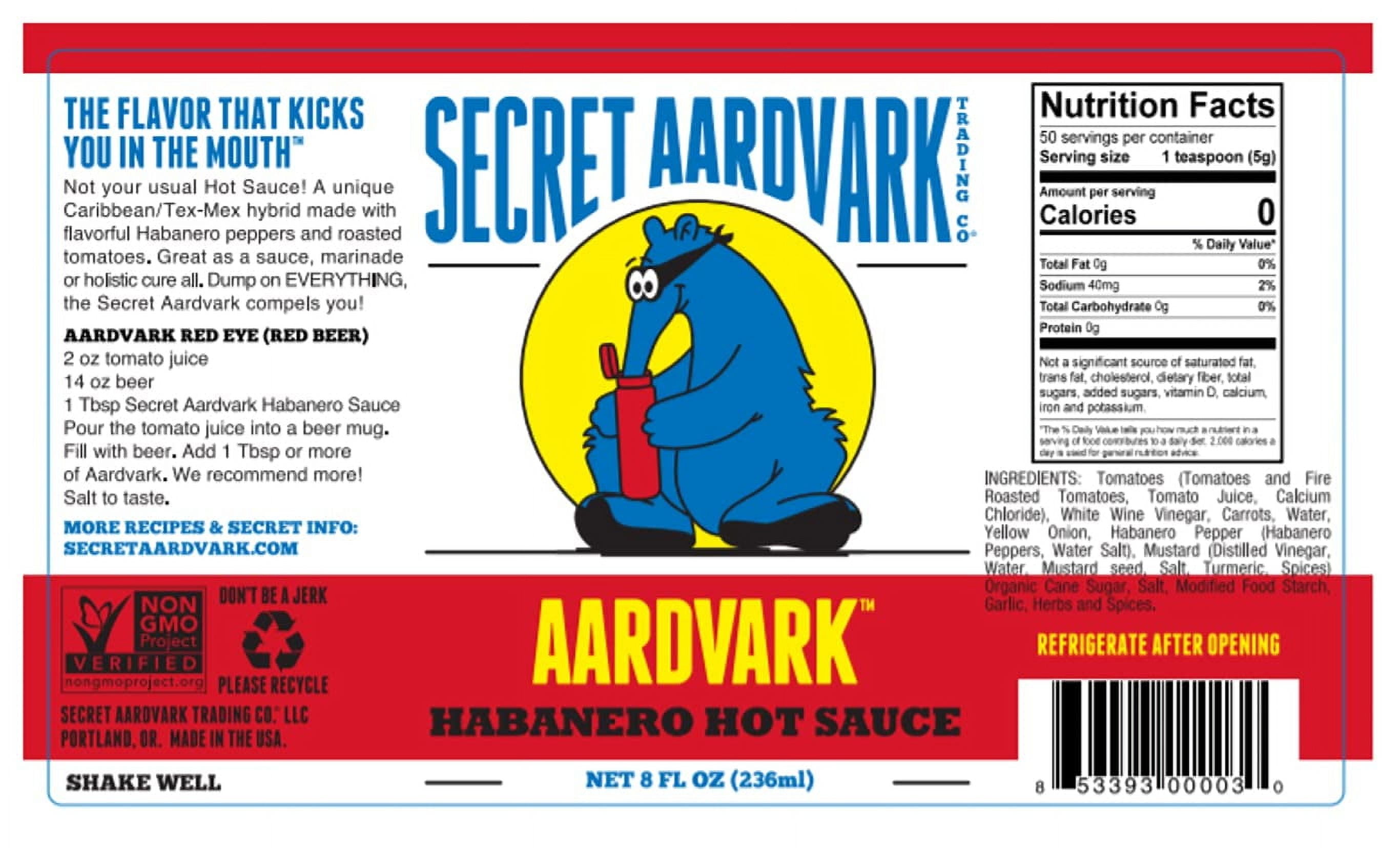 Secret Aardvark Habanero Hot Sauce | Made with Habanero Peppers & Roasted Tomatoes | Non-GMO, Low Sugar, Low Carb | Awesome Hot Sauce & Marinade 8 oz (2 pack)