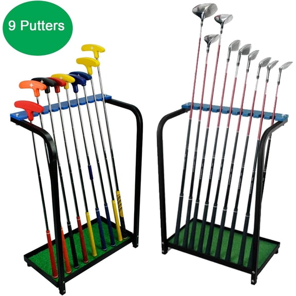 Golf Club Organizer Rack with Artificial Grass Mat - Holds 9 Clubs, Sturdy Metal Display Stand for Indoor Outdoor Use