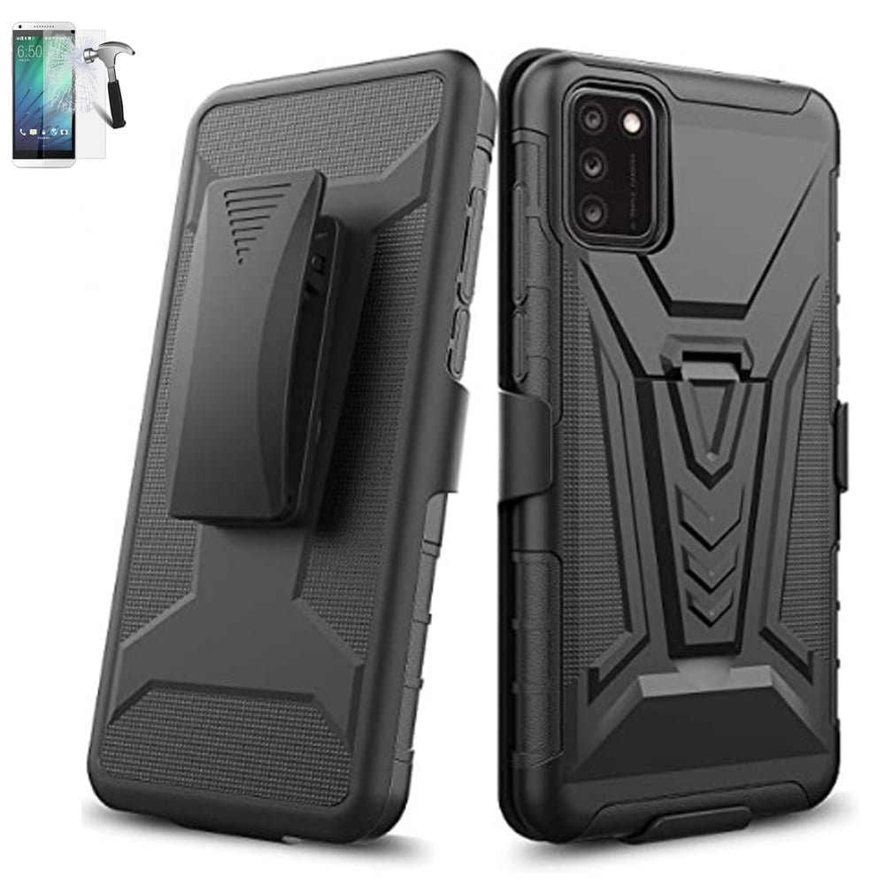 For Alcatel TCL A3X Case / A600DL Phone Holster / A3X Screen Protector / Shock Absorbing Build-in Kickstand with Belt Clip (Holster Black +Tempered Glass)