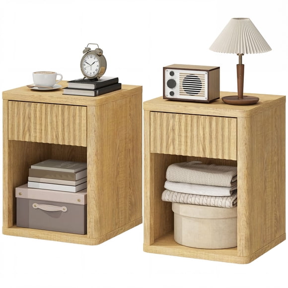 Set of 2 Modern Oak Nightstands with Fluted Drawer and Open Shelf, Mid-Century Bedside Tables for Bedroom and Living Room, 15.7"W x 15"D x 20.5"H, Space-Saving End Tables