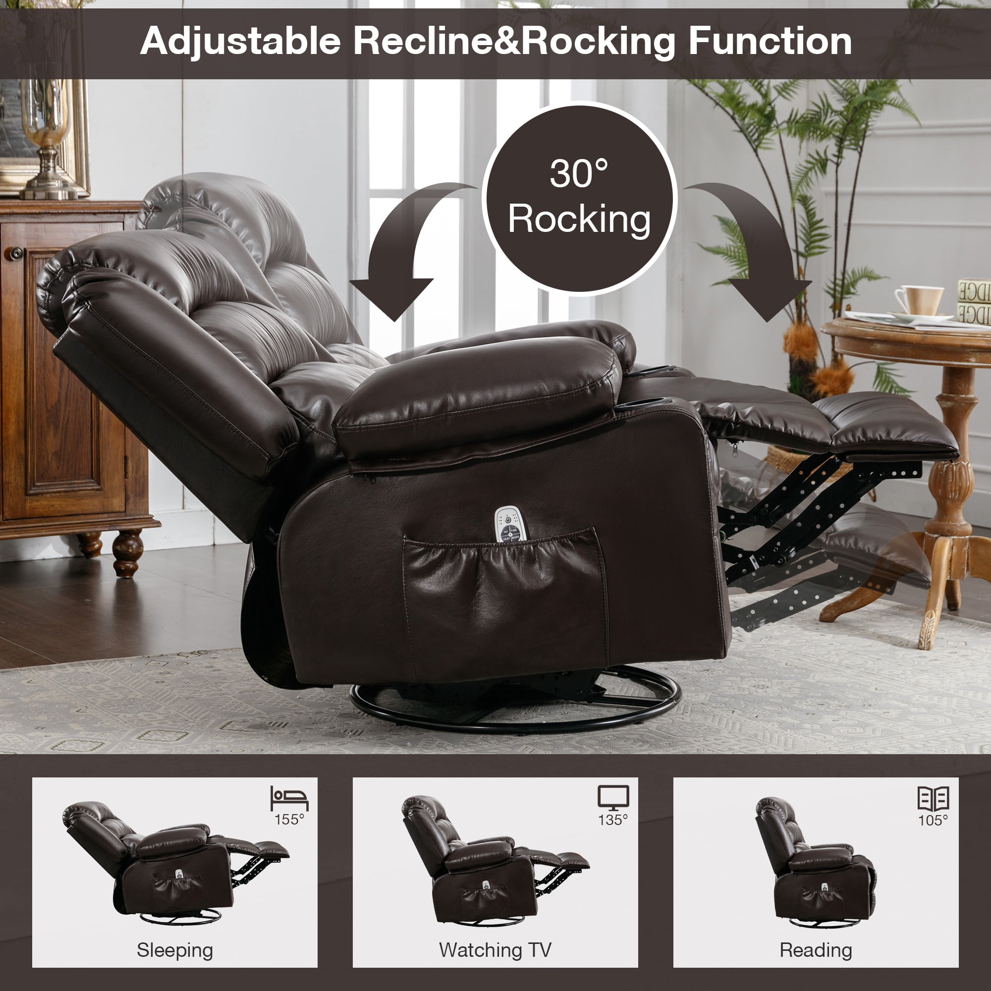 Manual Rocker Recliners, 360° Swivel Recliner Chair for Living Room, PU Leather Swivel Rocker Recliner with Massage and Heat, Home Theater Rocking Recliner with Cup Holder, Brown