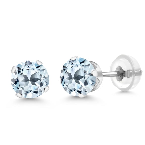 Gem Stone King 14K White Gold Sky Blue Topaz Gemstone Birthstone Stud Earrings for Women Men (2.39 cttw, 6MM Round Cut)