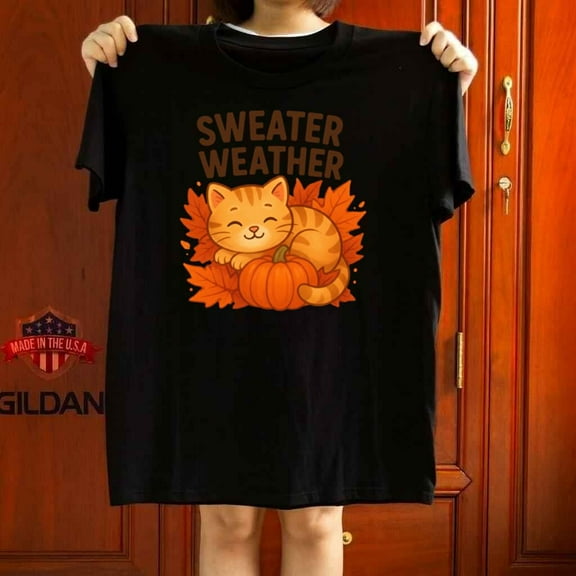 Sweater Weather Cute Autumn Cat Pumpkin Graphic Unisex T-Shirt up to 5XL