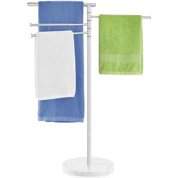 Standing Towel Rack, 4 Tier 360° Rotating Towel Racks for Bathroom with Heavy Marble Base, Freestanding Stainless Steel Foldable Arms Floor Towel Drying Holder Stand for Outdoor Pool, Nickel,