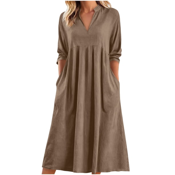 Vestido Largo de Manga Larga para Mujeres Cuello en V Suelto Bolsillo Cuarto de Manga Poliéster Vestido de Fiesta Casual
