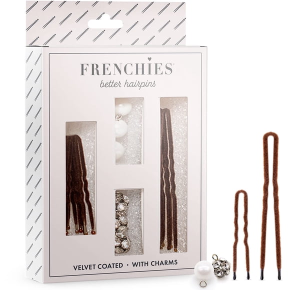 Frenchies Horquilla de pelo francesa con revestimiento de terciopelo, extra suave, para mujeres, extensiones de boda o peluca, 6 perlas + 6 cristales, 20 unidades (10 Lrg 10 Sm), color marrón