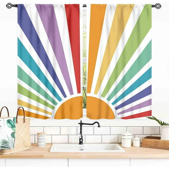 70s Kitchen Curtains, Colorful Rainbow Boho Mid Century Abstract Sun Funky Retro Sunset Sunrise Vintage Window Drapery Treatments for Bedroom Living Room Bathroom 2 Panels, 27.5x36 Inch