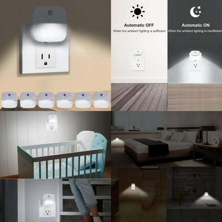 

Glaring White Compact LED Nightlights - Set of 6 Sensing Night Lights for Navigating in Bathroom Kitchen Hallway - Plug-In Dusk to Dawn Technology for Gentle Illumination