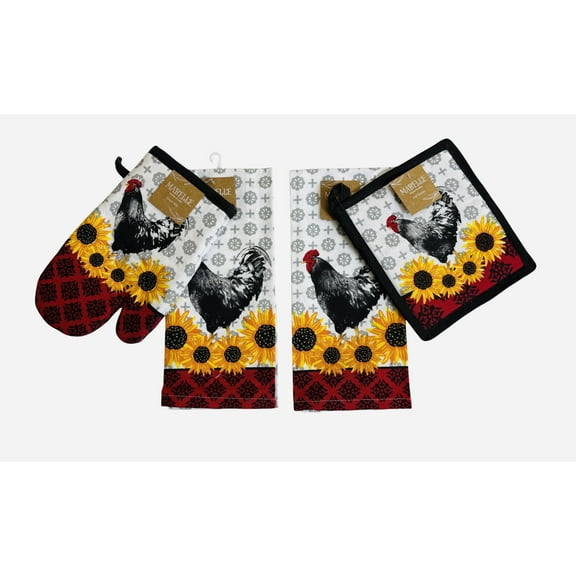 Serafina Home Vintage Farmers Roosters And Sunflowers Kitchen Towels and Pot Holder: Print on Flat Cotton Weave