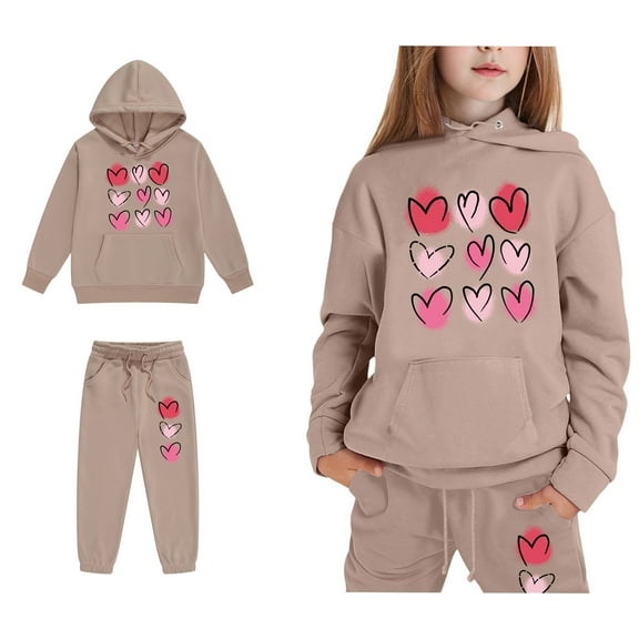 LIUYUNNN Kids Tracksuit Sets 2PC Long Sleeve Pullover Khaki Heart Pullover Hoodie Sweatshirt Sweatpants Set Fall Clothes Girls Size 12-13 Years Clothes Boys Girls Autumn and Winter Outfits