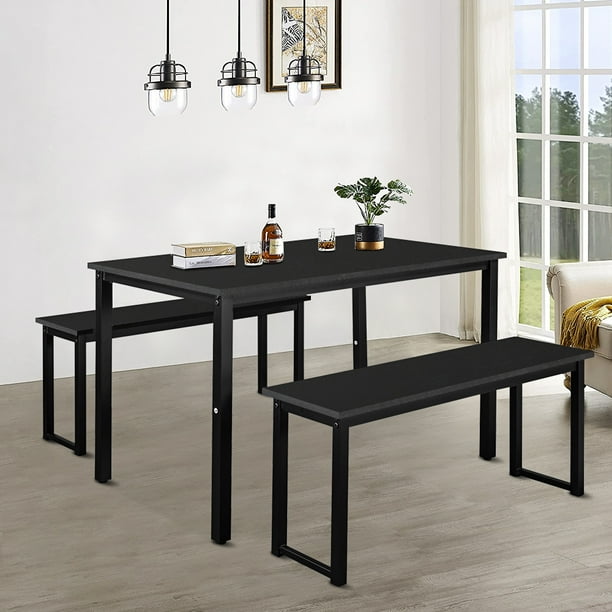 Black Dining Table And Chairs Set Farmhouse Wood Kitchen With 2 Bench Rectangle Room For Restaurant Apartment Small Breakfast Nook Com Farmhouse Wood Kitchen Table Set, Small Rectangular Kitchen Table With Bench