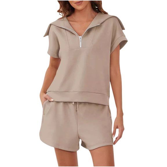 qolati Women 2 Piece Outfits Summer Lounge Sets Half Zip Lapel Cap Sleeve Sweatshirts and Sweat Shorts Tracksuit Sets Oversized Trendy Matching Sets