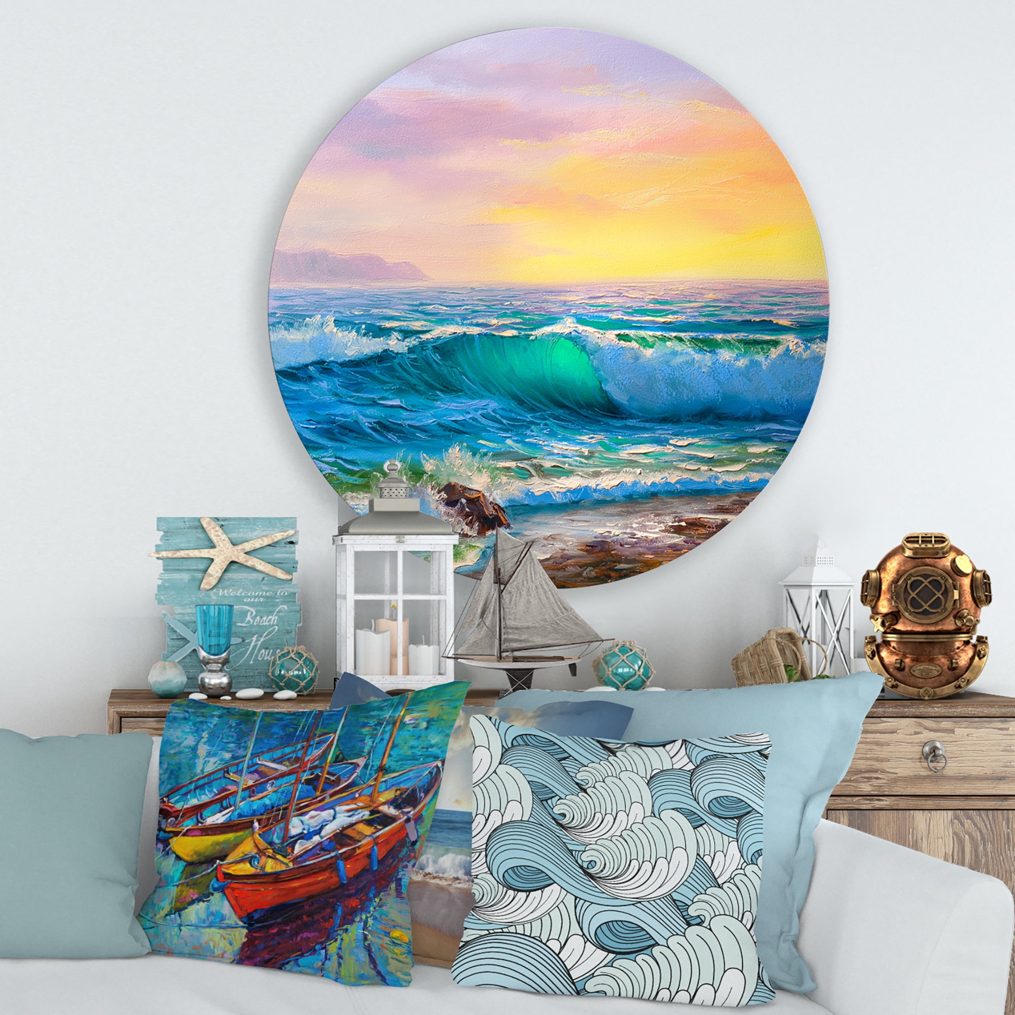 Designart 'Blue Waves Breaking At The Beach Landscape IV' Nautical & Coastal Circle Metal Wall Art 36x36 - Disc of 36