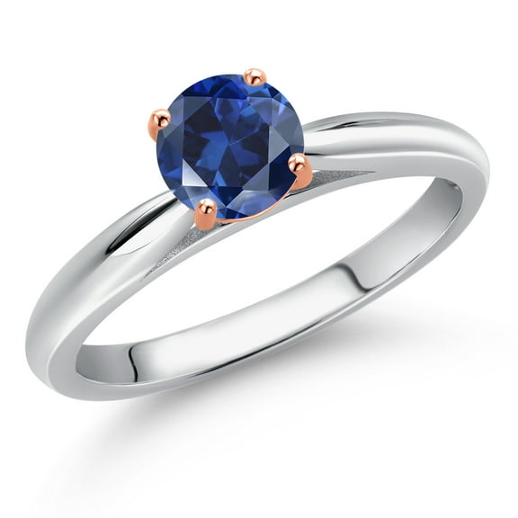 Gem Stone King 925 Silver and 10K Rose Gold Blue Created Sapphire Solitaire Engagement Ring for Women | 0.60 Cttw | Round 5MM | Gemstone September Birthstone | Size 6