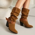 thumbnail image 2 of Cowboy Boots for Women Trendy Stitching Suede Buckle Strap Pull on Mid Calf Western Booties Chunky Heel Pointed Toe Fold Over Short Cowgirl Boots, 2 of 6