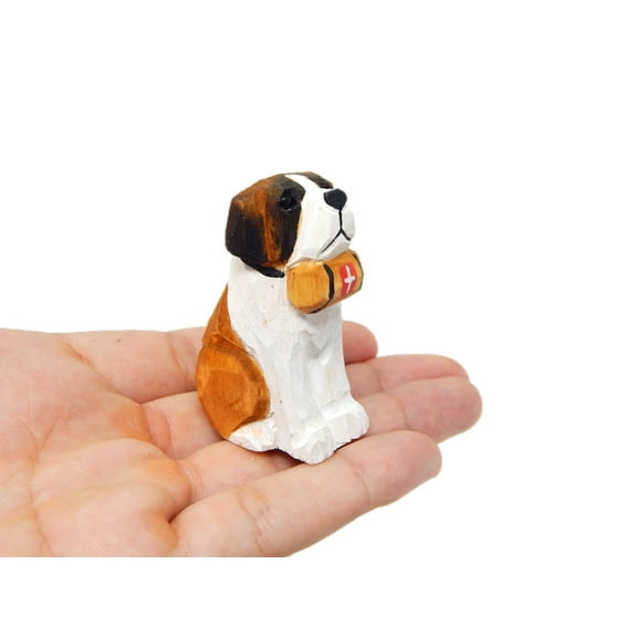 Bernard Dog Puppy Figurine - Miniature 2 Inch Wooden Carving Handmade Home Decor Small Animal Garden Statue Toy Pet Canine Hound