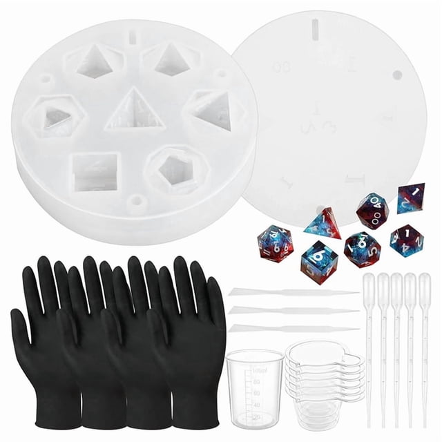Juego de 32 Moldes de Dados de Resina. Incluye Molde de Silicona, Varillas para Mezclar, Medidora, Goteros y Guantes para Hacer Dados de Resina Epoxi.