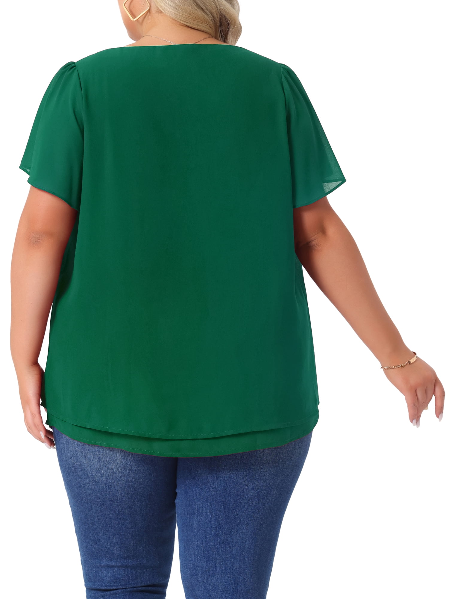 DARING DIVA Women's Plus Chiffon Ruffle Double-Layered Top 3X Dark Green