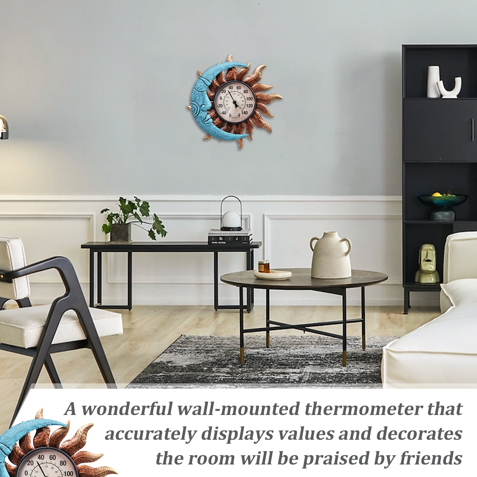 Outdoor Thermometers decor for Indoor - Sun and Moon Wall Art Thermometer Outdoor Thermometer  for  Patio/Garden Decor