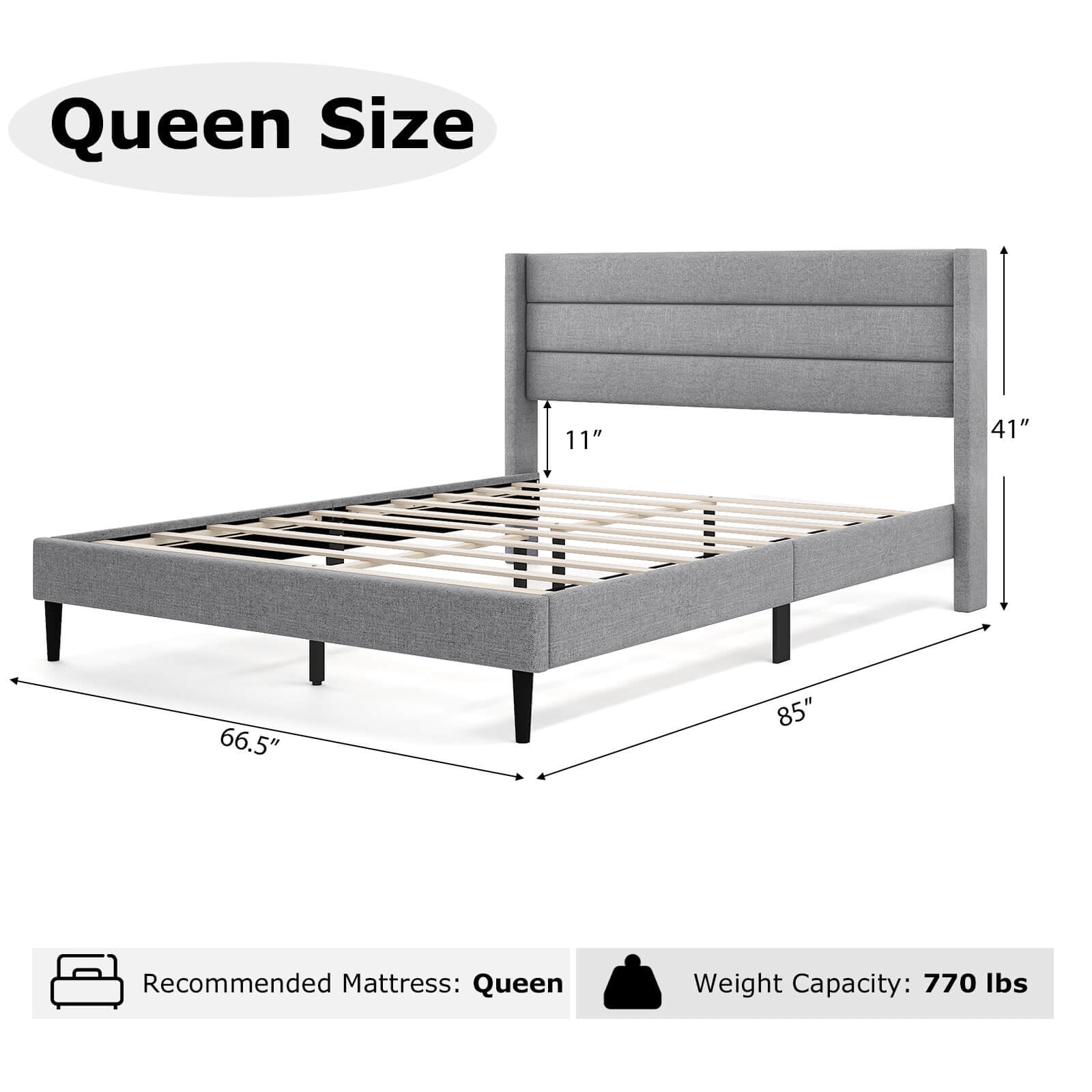 Infans Queen Bed Frame with Wingback Headboard Linen Upholstered Platform Bed Grey