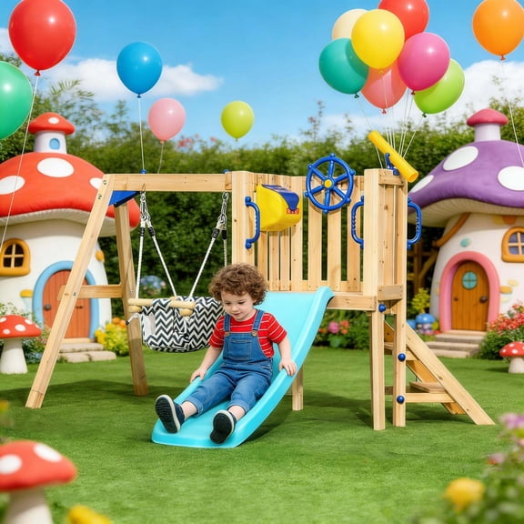 Outdoor Swing Sets, Wooden Toddler Outdoor Playset,Swing Set, Blue,Natural,Yellow Backyard Swing Sets,Polyethylene,Wood Swing Sets, Toys Swing Sets