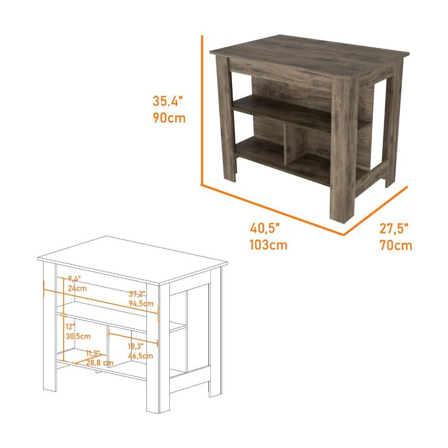 We Have Furniture Kitchen Island Dozza, Three Shelves, Dark Brown Finish