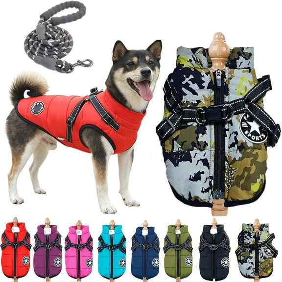 3 in 1 Winter Jacket for Dog Cat, Fleece-Lined Dog Jacket with Harness, Waterproof & Windproof