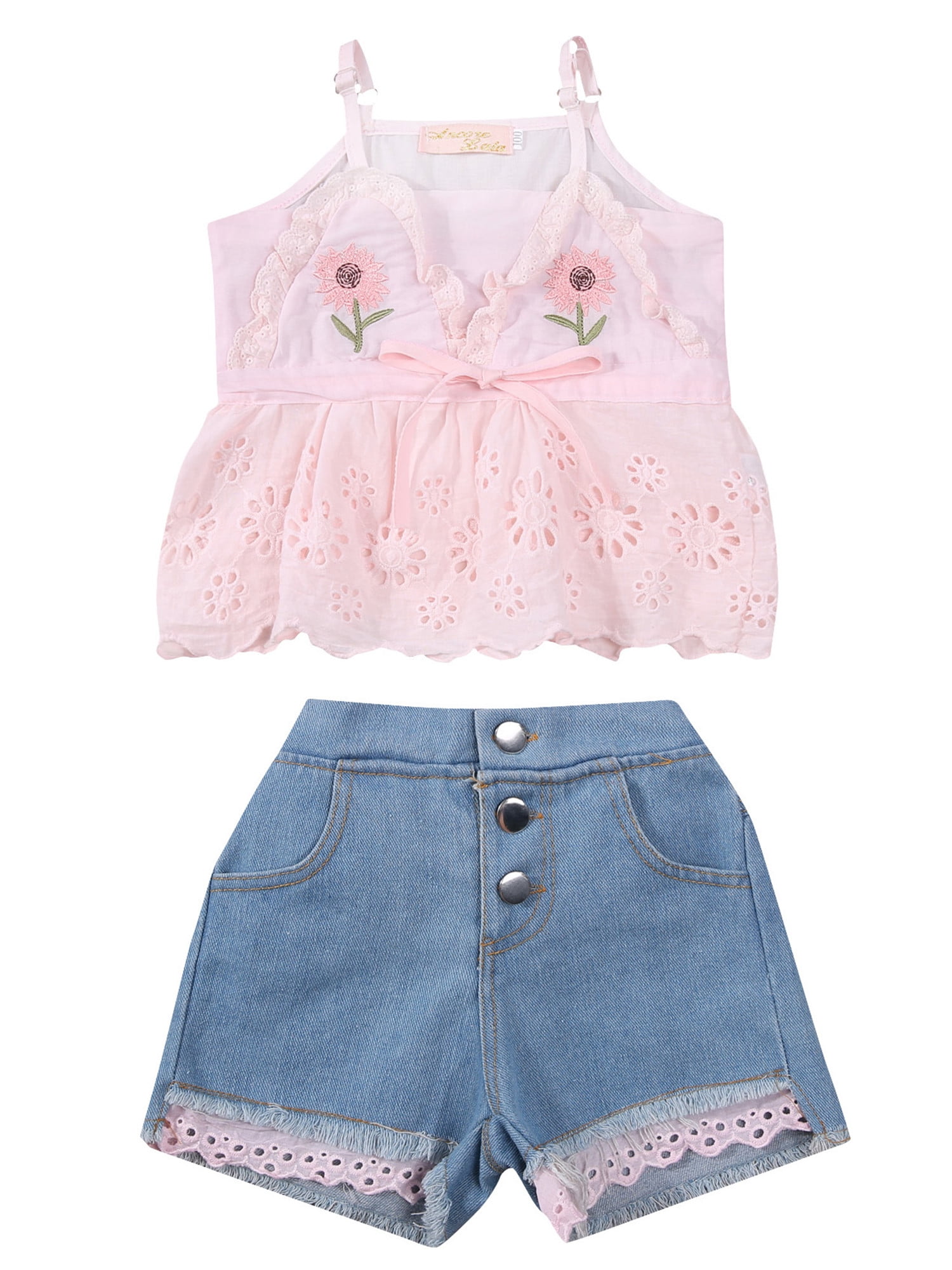 Boutique Toddler Girls Denim Suit 2pcs Kids  Sets SleevelessT shirt+Shorts Pants 