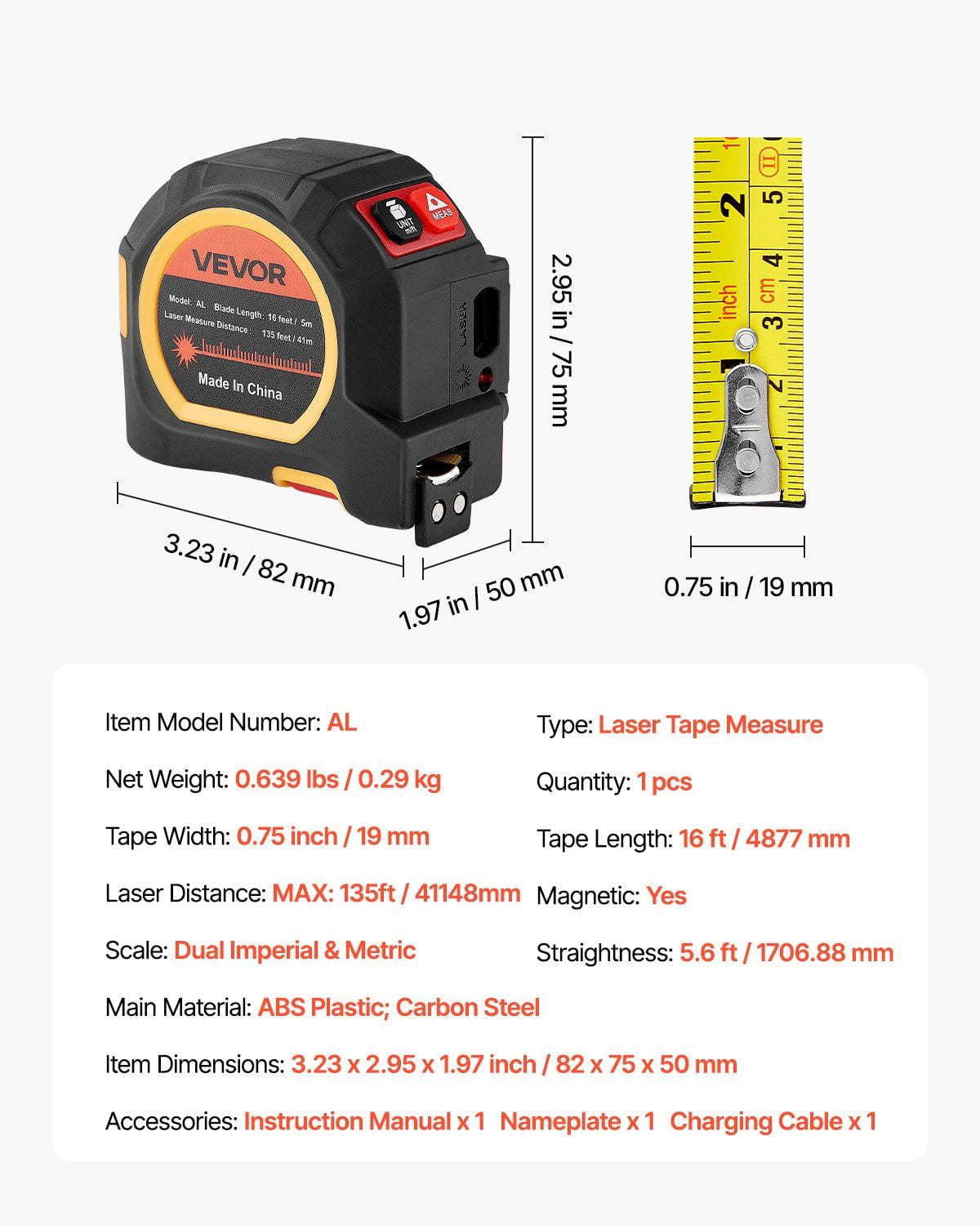 2-in-1 Laser Tape Measure 135ft Rechargeable Digital Distance Meter with 16ft Magnetic Steel Tape, Dual Imperial Metric Scale, ABS Impact Resistant Case, Backlit LCD Display for Home
