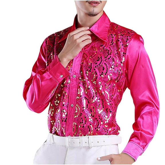 Fengactive Men's Sequins Stage Dress Shirt Long Sleeve Button Down Lapel Shirt Luxury Disco Party Club Suit