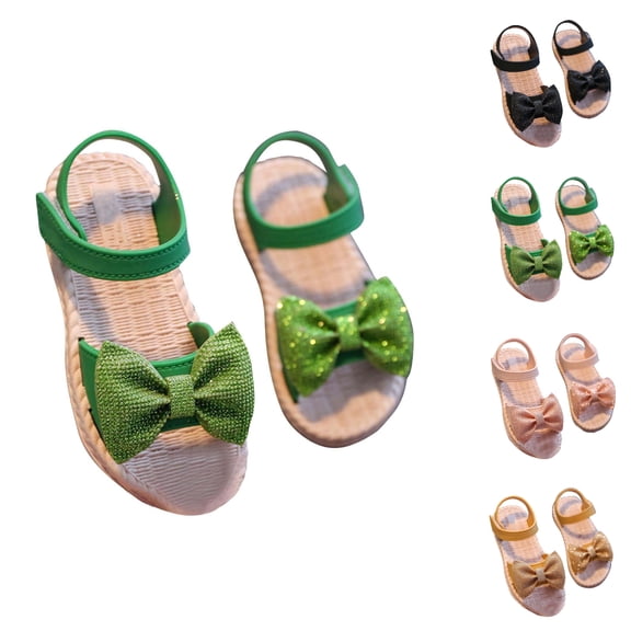 SGFCWSX Girls Sandals Glitter Bow Decor Open Toe Adjustable Ankle Strap Flat Soft Sole Summer Beach Casual Sandals for Daily Wear Green Size 8 Years