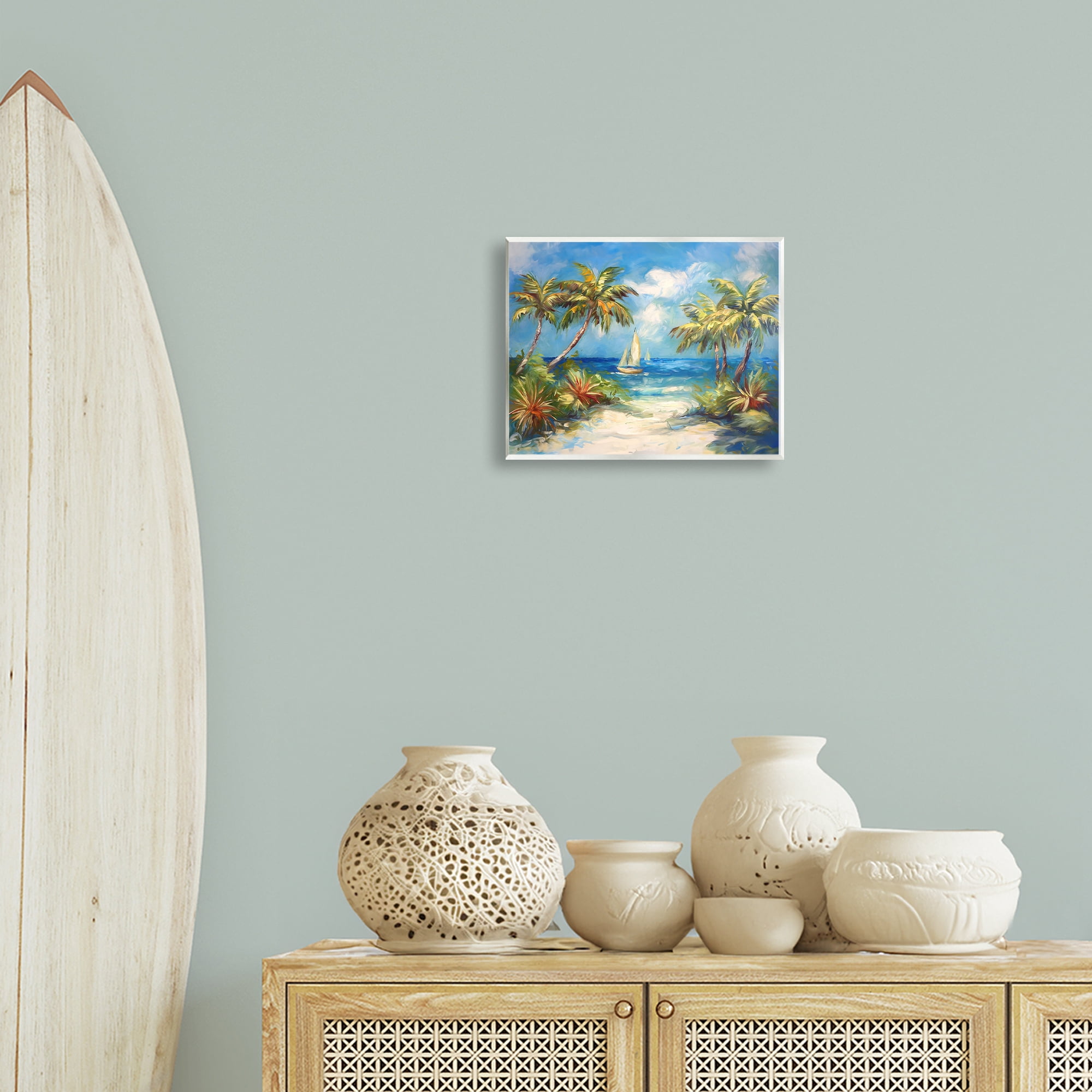 Stupell Industries Tropical Paradise Harbor Coastal Painting Unframed Art Print Wall Art, 14 x 11