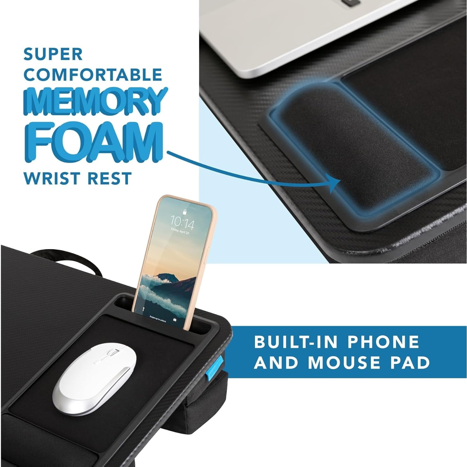Extra Large Adjustable Lap Desk with Memory Foam Wrist Rest, Mouse Pad, Phone Holder, Device Ledge, and Booster Cushion - Black Carbon - Fits up to 17.3 Inch Laptops